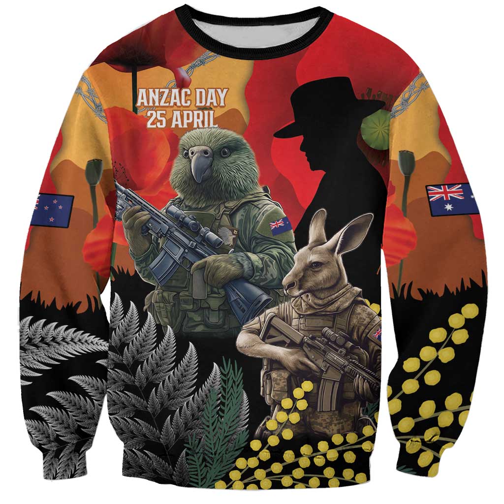 New Zealand and Australia ANZAC Day Sweatshirt Sliver Fern Kakapo With Golden Wattle Kangaroo LT14 Unisex Gold - Polynesian Pride