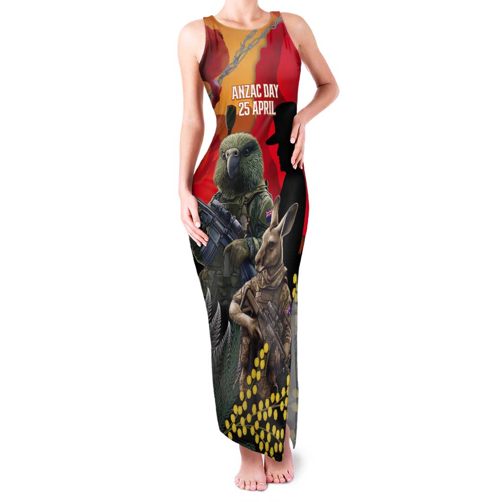 New Zealand and Australia ANZAC Day Tank Maxi Dress Sliver Fern Kakapo With Golden Wattle Kangaroo