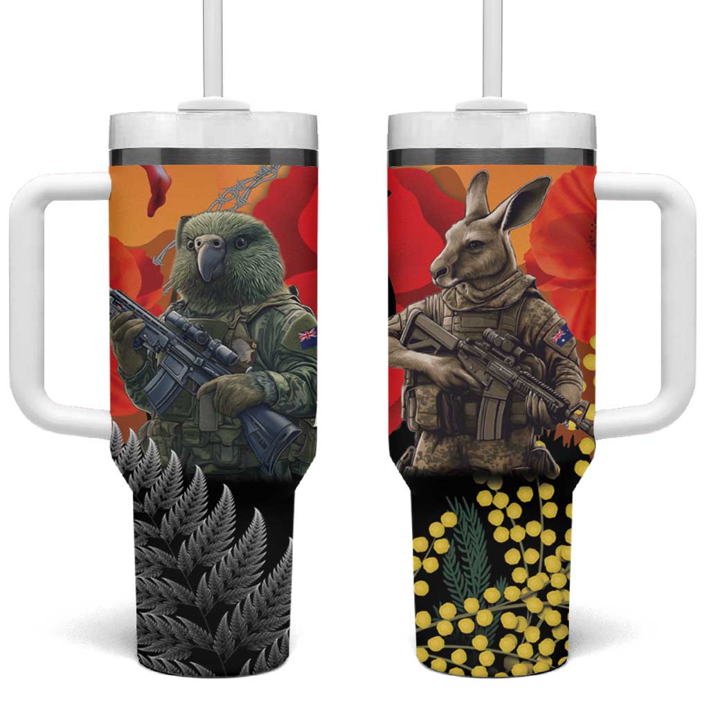 New Zealand and Australia ANZAC Day Tumbler With Handle Sliver Fern Kakapo With Golden Wattle Kangaroo LT14 One Size: 40 oz Gold - Polynesian Pride