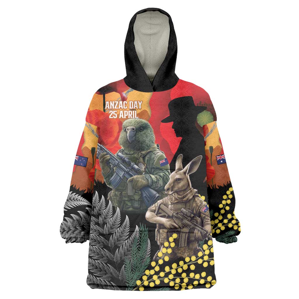 New Zealand and Australia ANZAC Day Wearable Blanket Hoodie Sliver Fern Kakapo With Golden Wattle Kangaroo