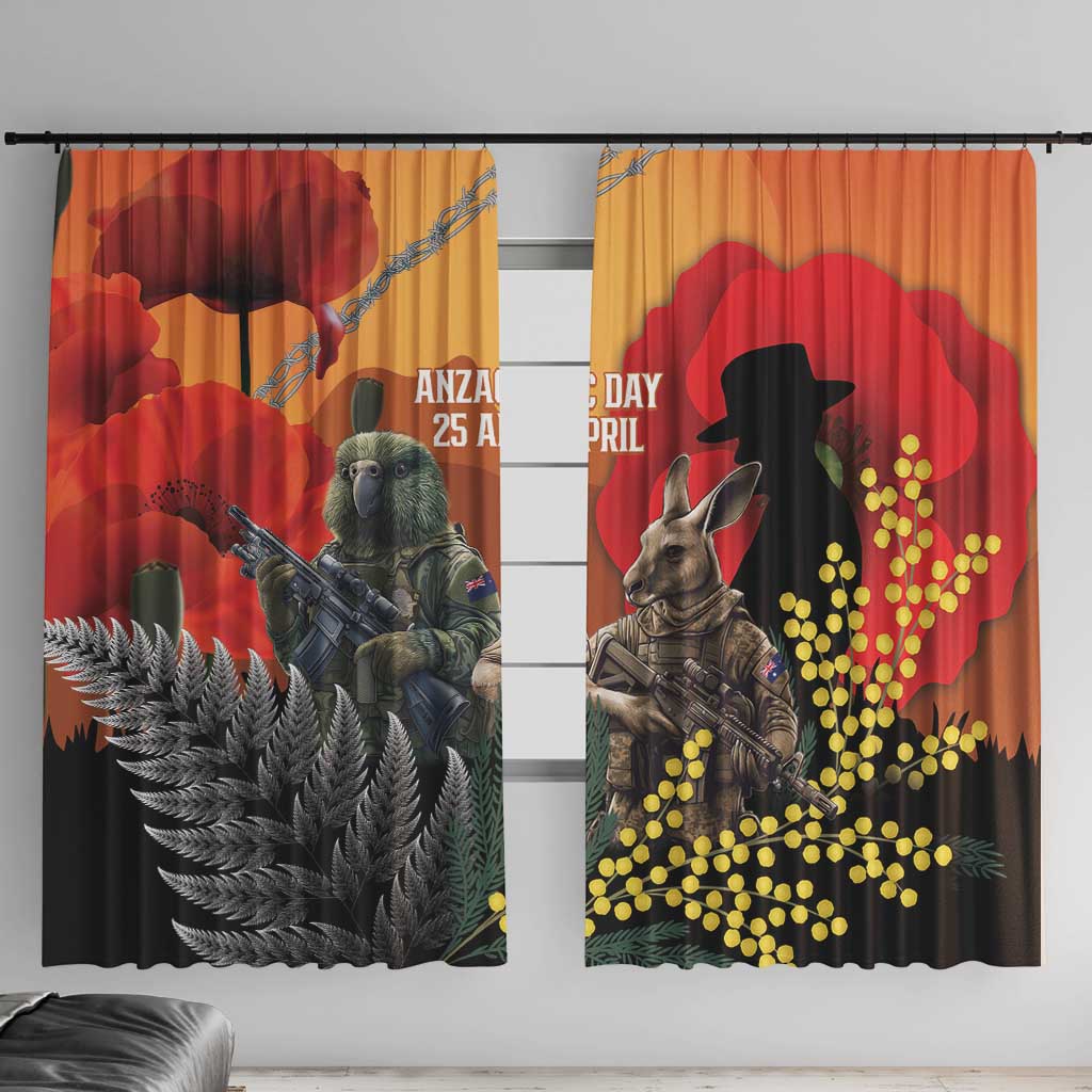 New Zealand and Australia ANZAC Day Window Curtain Sliver Fern Kakapo With Golden Wattle Kangaroo LT14 With Hooks Gold - Polynesian Pride