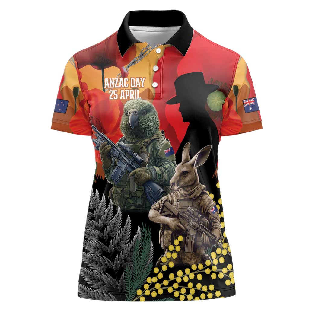 New Zealand and Australia ANZAC Day Women Polo Shirt Sliver Fern Kakapo With Golden Wattle Kangaroo