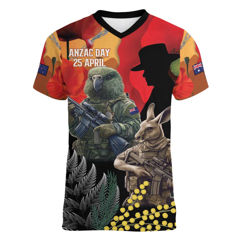 New Zealand and Australia ANZAC Day Women V-Neck T-Shirt Sliver Fern Kakapo With Golden Wattle Kangaroo