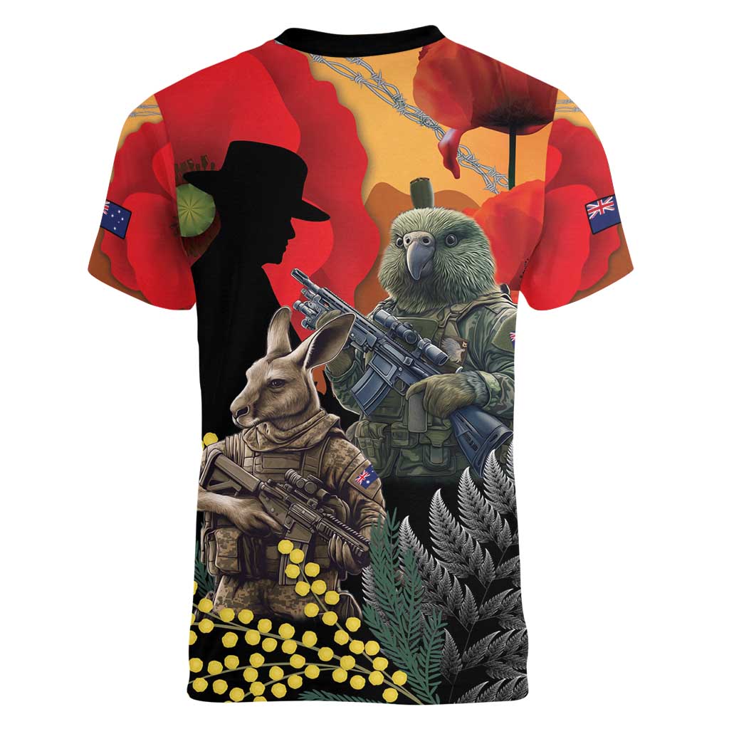 New Zealand and Australia ANZAC Day Women V-Neck T-Shirt Sliver Fern Kakapo With Golden Wattle Kangaroo
