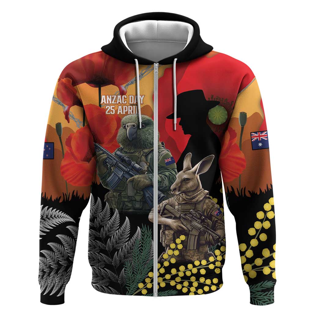 New Zealand and Australia ANZAC Day Zip Hoodie Sliver Fern Kakapo With Golden Wattle Kangaroo