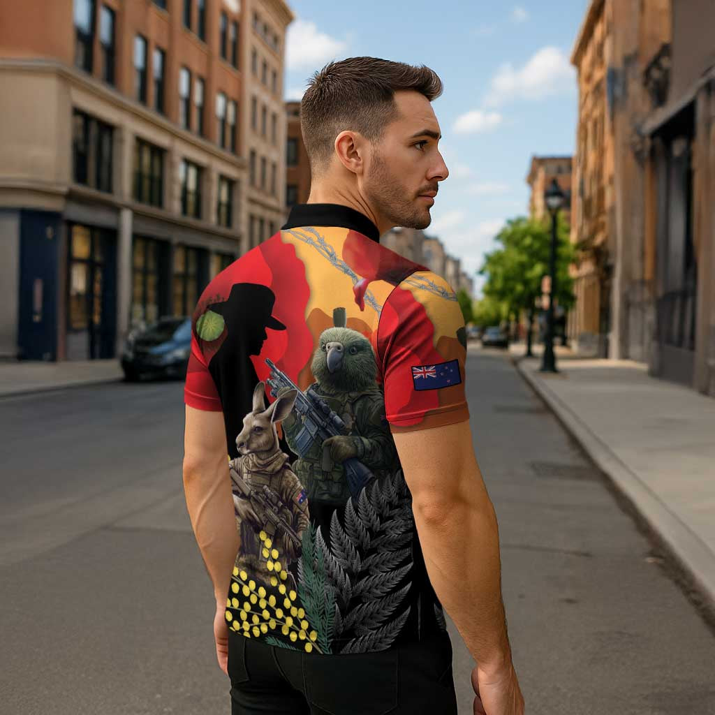 New Zealand and Australia ANZAC Day Zipper Polo Shirt Sliver Fern Kakapo With Golden Wattle Kangaroo - Polynesian Pride