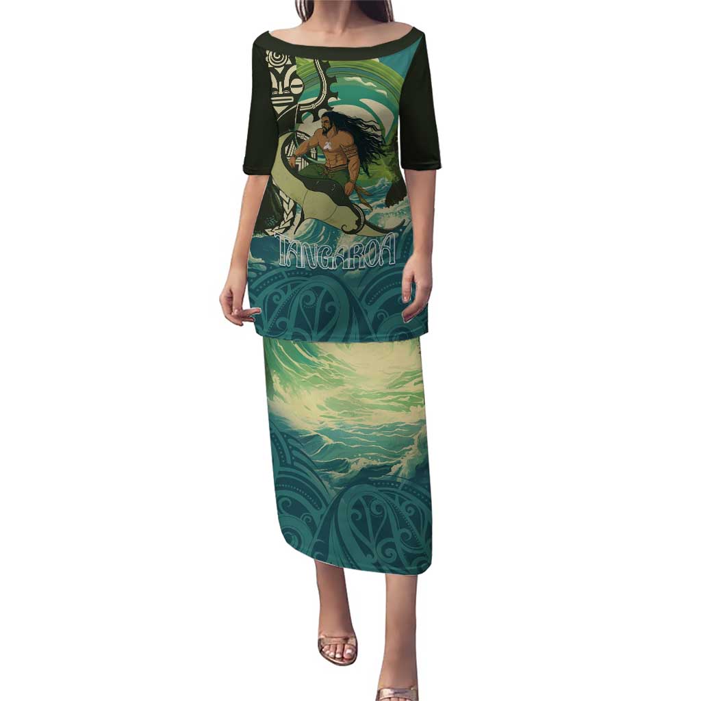Aotearoa Tangaroa Atua Puletasi New Zealand God Of The Ocean LT14 Long Dress Cyan - Polynesian Pride