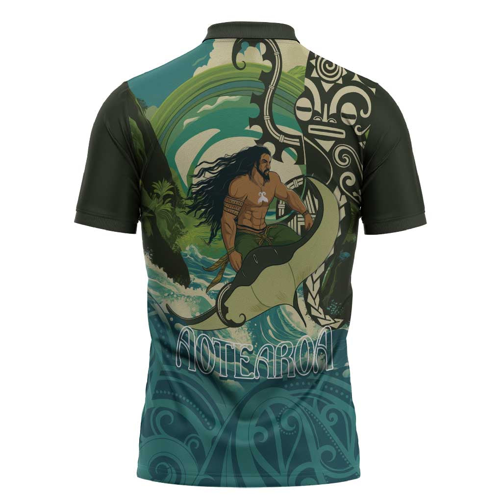 Aotearoa Tangaroa Atua Zipper Polo Shirt New Zealand God Of The Ocean - Polynesian Pride