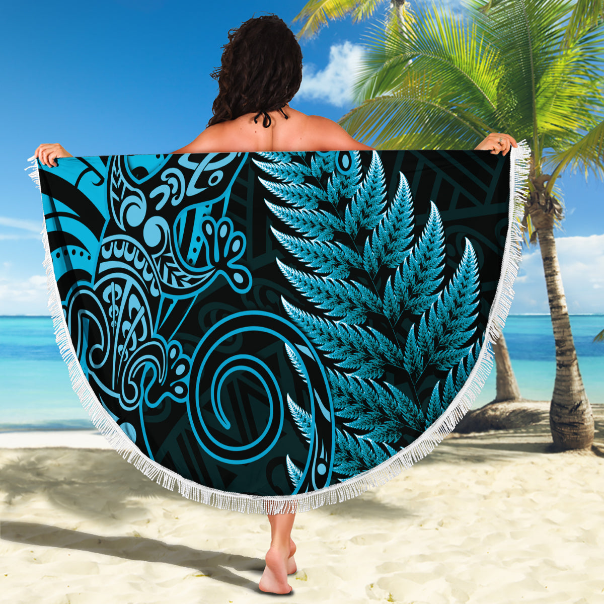 New Zealand Lizard Beach Blanket Silver Fern Aotearoa Maori Blue Version