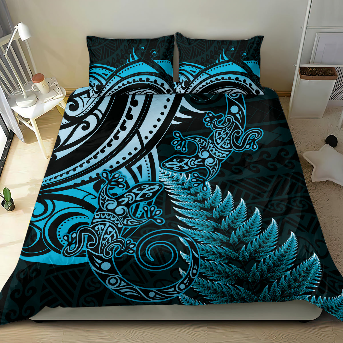New Zealand Lizard Bedding Set Silver Fern Aotearoa Maori Blue Version