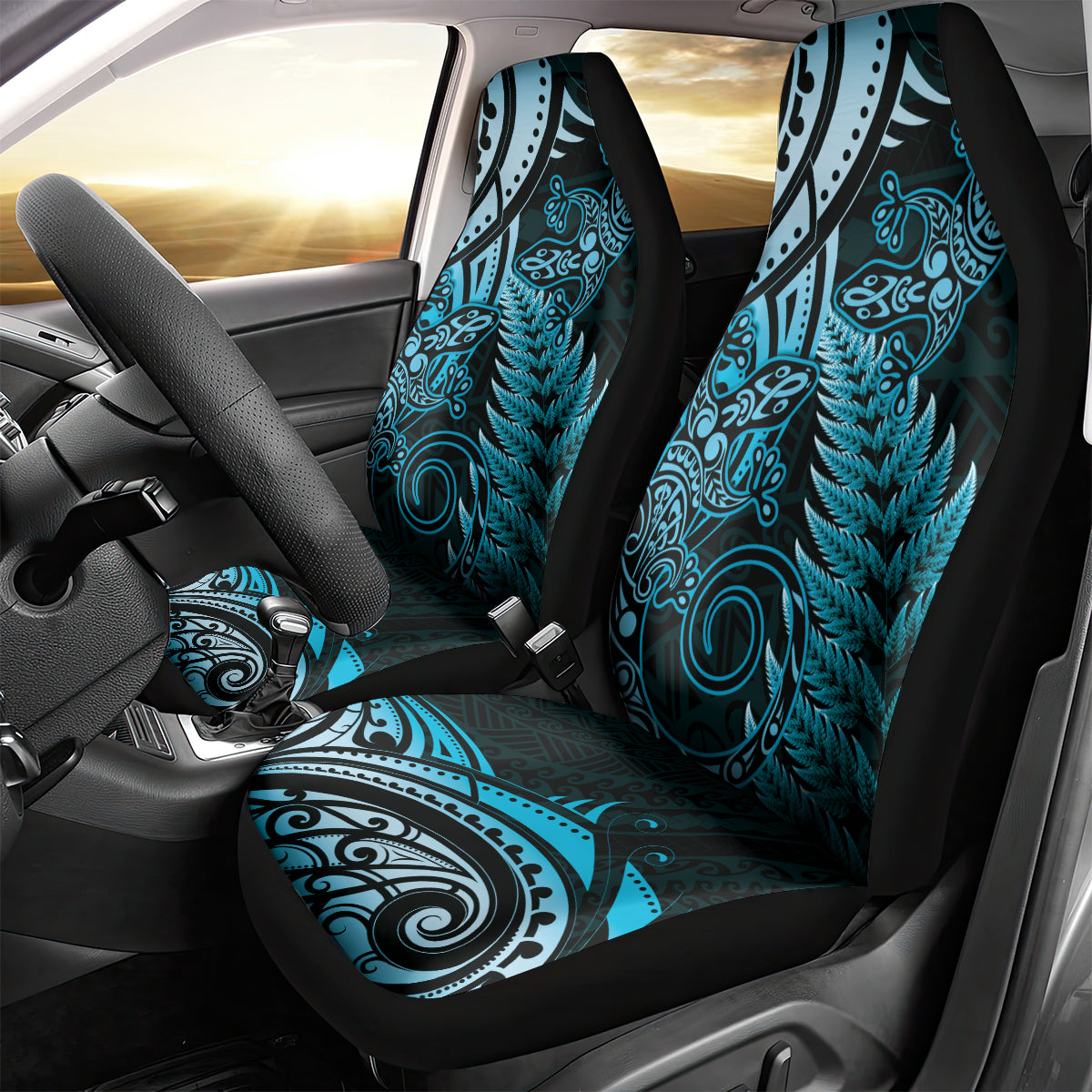 New Zealand Lizard Car Seat Cover Silver Fern Aotearoa Maori Blue Version