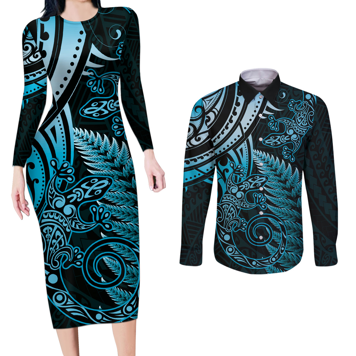 New Zealand Lizard Couples Matching Long Sleeve Bodycon Dress and Long Sleeve Button Shirt Silver Fern Aotearoa Maori Blue Version