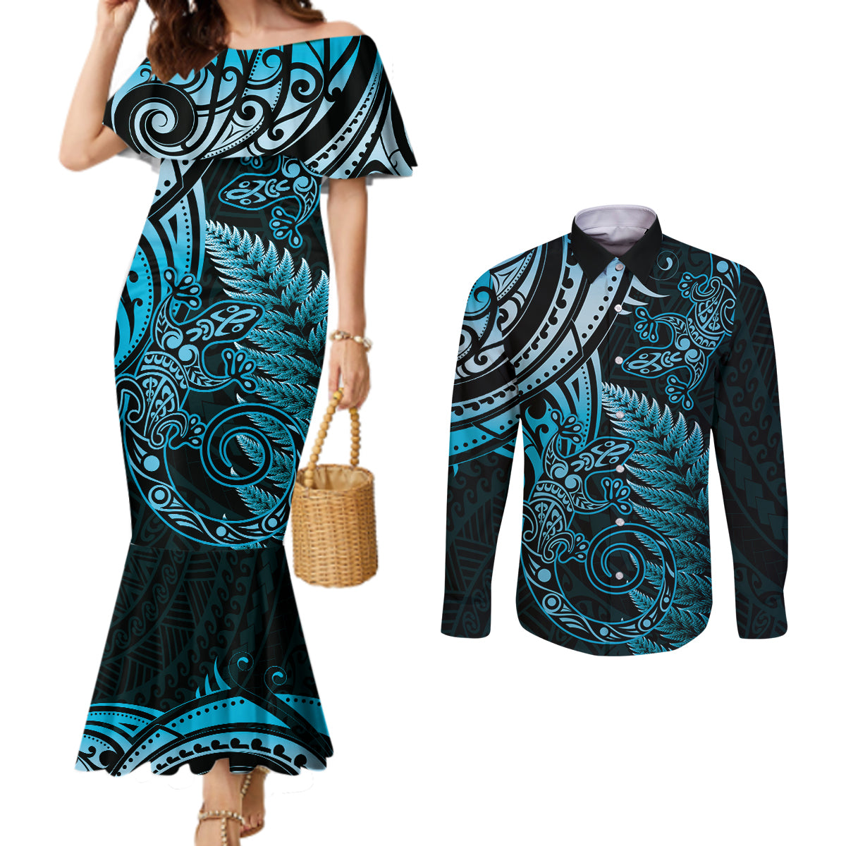 New Zealand Lizard Couples Matching Mermaid Dress and Long Sleeve Button Shirt Silver Fern Aotearoa Maori Blue Version