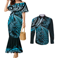 New Zealand Lizard Couples Matching Mermaid Dress and Long Sleeve Button Shirt Silver Fern Aotearoa Maori Blue Version