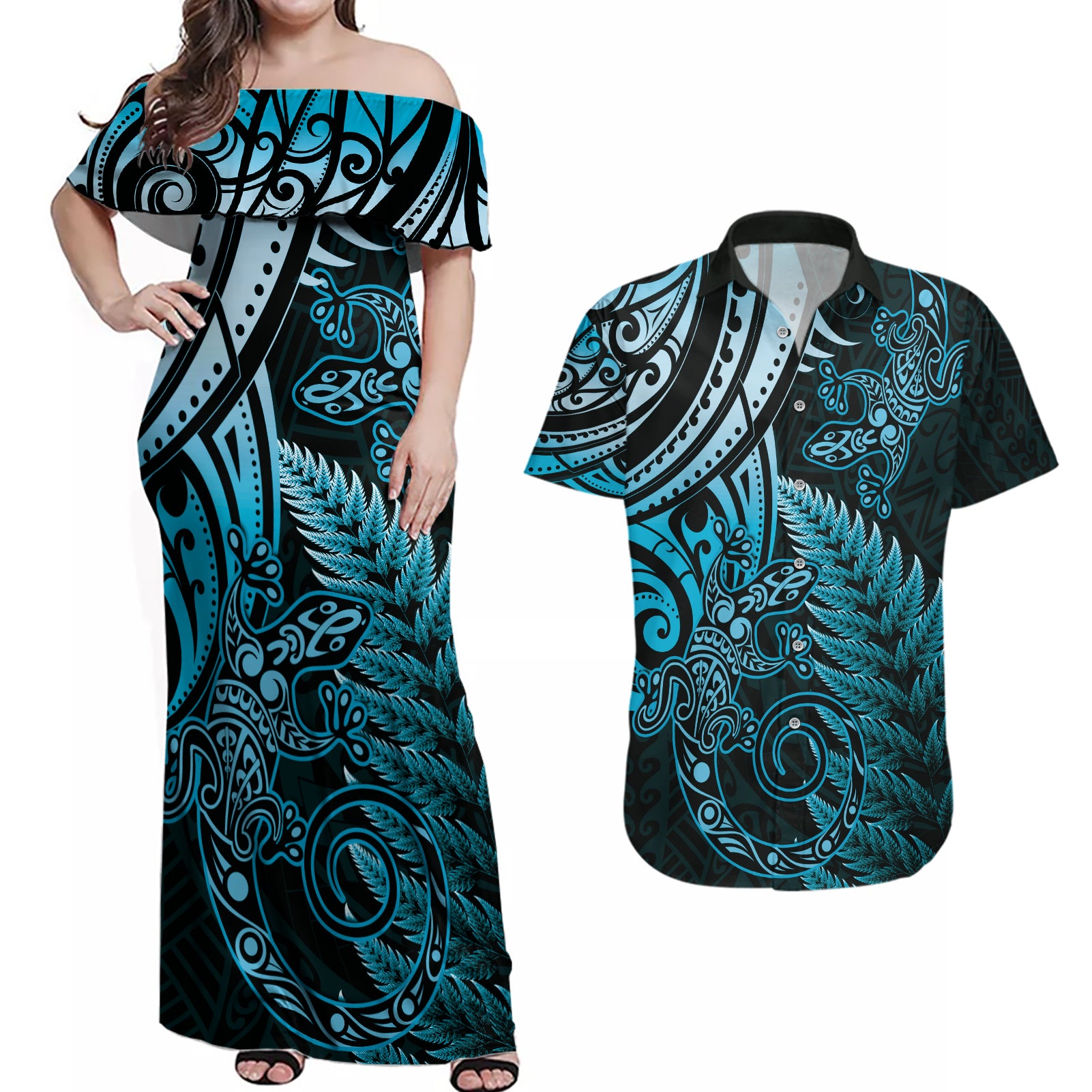 New Zealand Lizard Couples Matching Off Shoulder Maxi Dress and Hawaiian Shirt Silver Fern Aotearoa Maori Blue Version