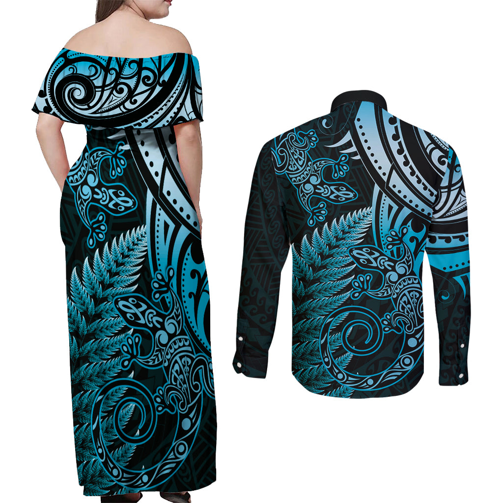 New Zealand Lizard Couples Matching Off Shoulder Maxi Dress and Long Sleeve Button Shirt Silver Fern Aotearoa Maori Blue Version