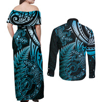New Zealand Lizard Couples Matching Off Shoulder Maxi Dress and Long Sleeve Button Shirt Silver Fern Aotearoa Maori Blue Version
