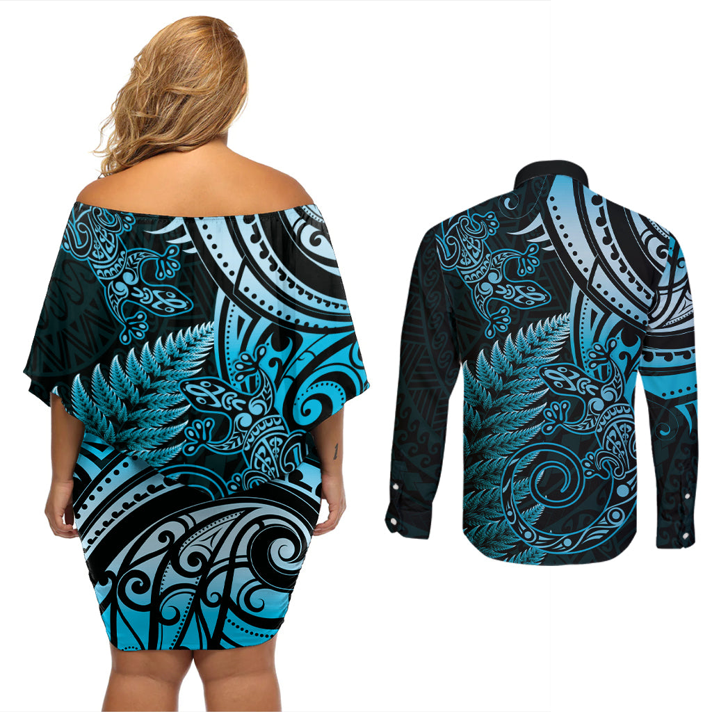 New Zealand Lizard Couples Matching Off Shoulder Short Dress and Long Sleeve Button Shirt Silver Fern Aotearoa Maori Blue Version
