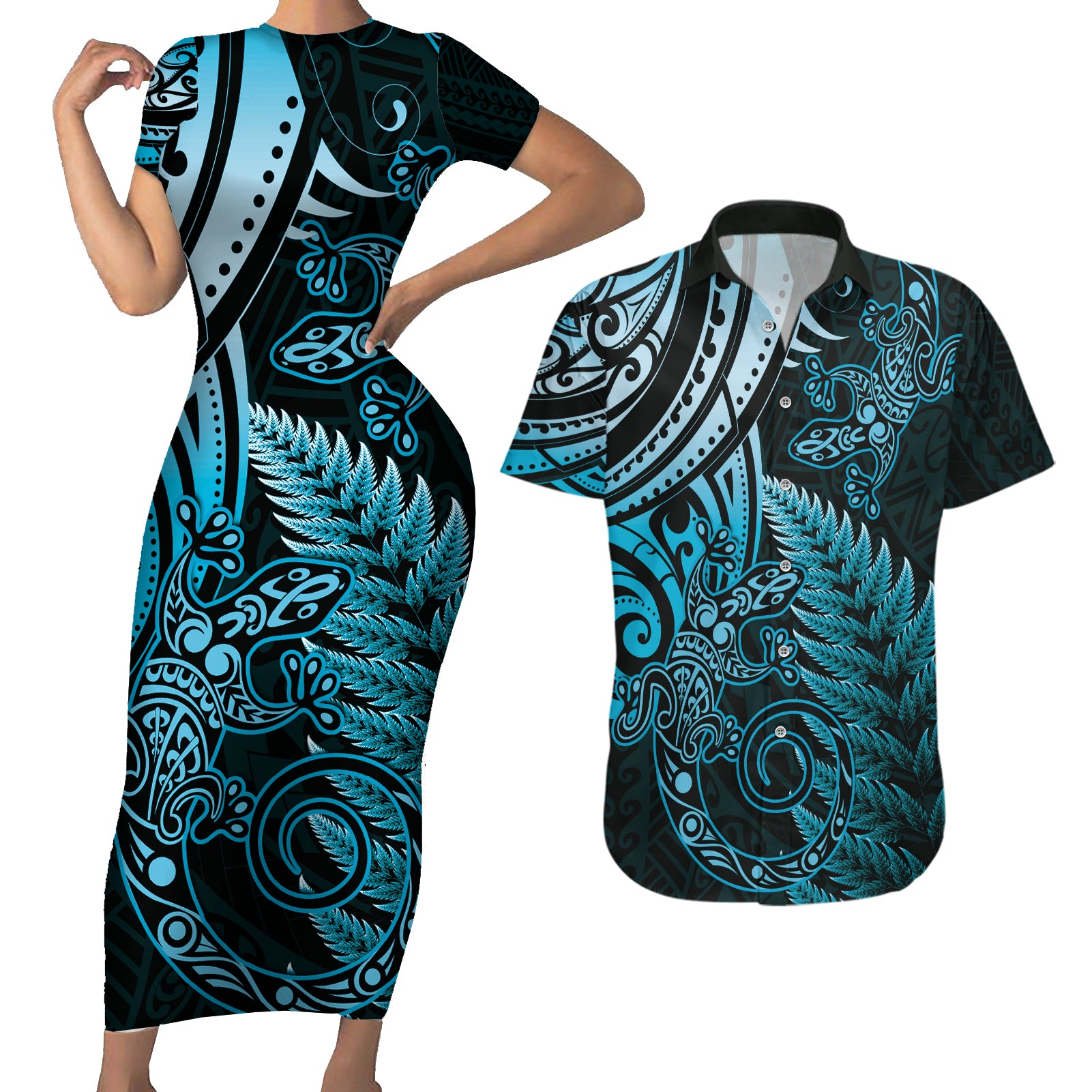 New Zealand Lizard Couples Matching Short Sleeve Bodycon Dress and Hawaiian Shirt Silver Fern Aotearoa Maori Blue Version