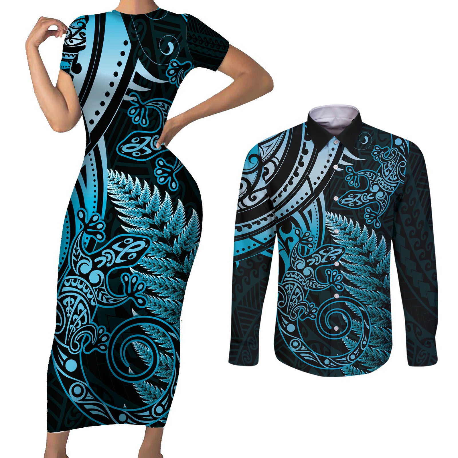 New Zealand Lizard Couples Matching Short Sleeve Bodycon Dress and Long Sleeve Button Shirt Silver Fern Aotearoa Maori Blue Version