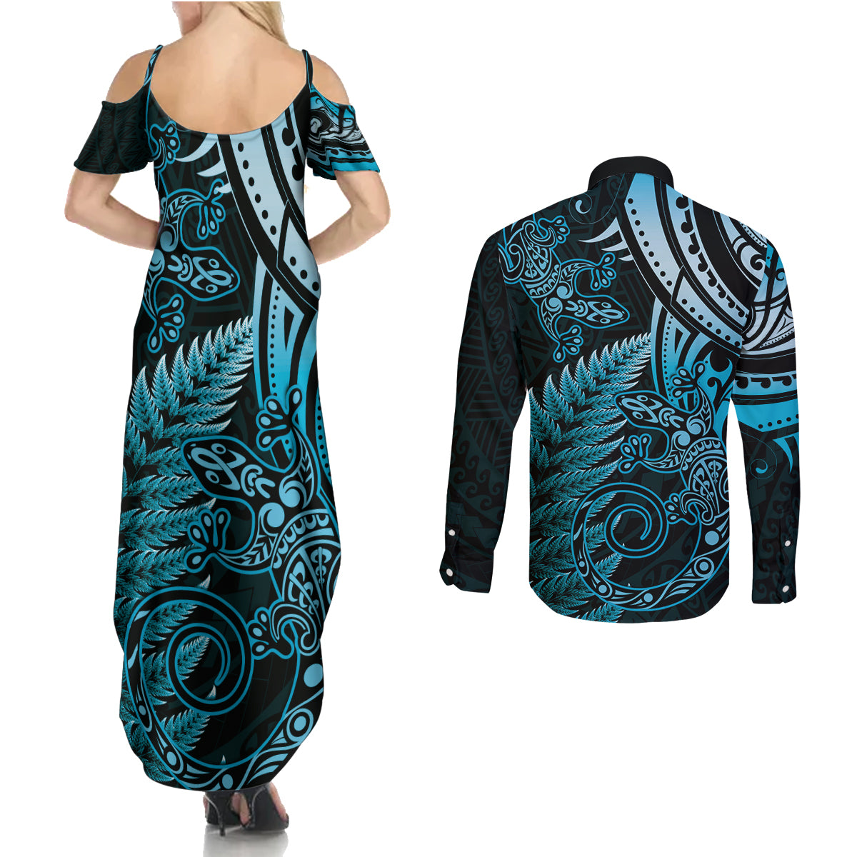 New Zealand Lizard Couples Matching Summer Maxi Dress and Long Sleeve Button Shirt Silver Fern Aotearoa Maori Blue Version
