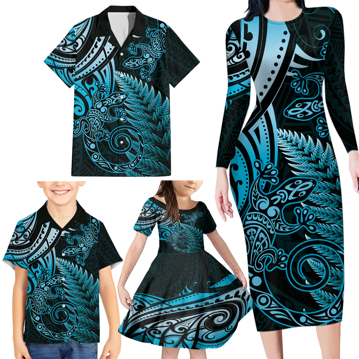 New Zealand Lizard Family Matching Long Sleeve Bodycon Dress and Hawaiian Shirt Silver Fern Aotearoa Maori Blue Version