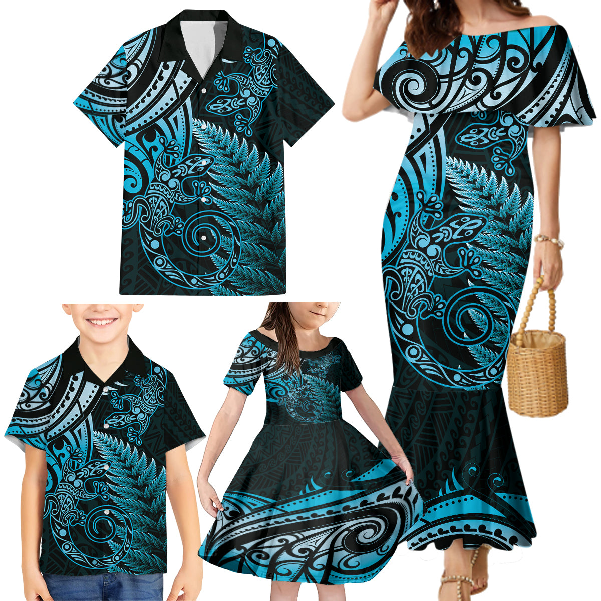 New Zealand Lizard Family Matching Mermaid Dress and Hawaiian Shirt Silver Fern Aotearoa Maori Blue Version