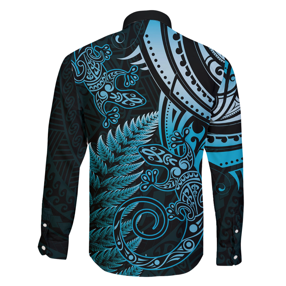 New Zealand Lizard Family Matching Off The Shoulder Long Sleeve Dress and Hawaiian Shirt Silver Fern Aotearoa Maori Blue Version