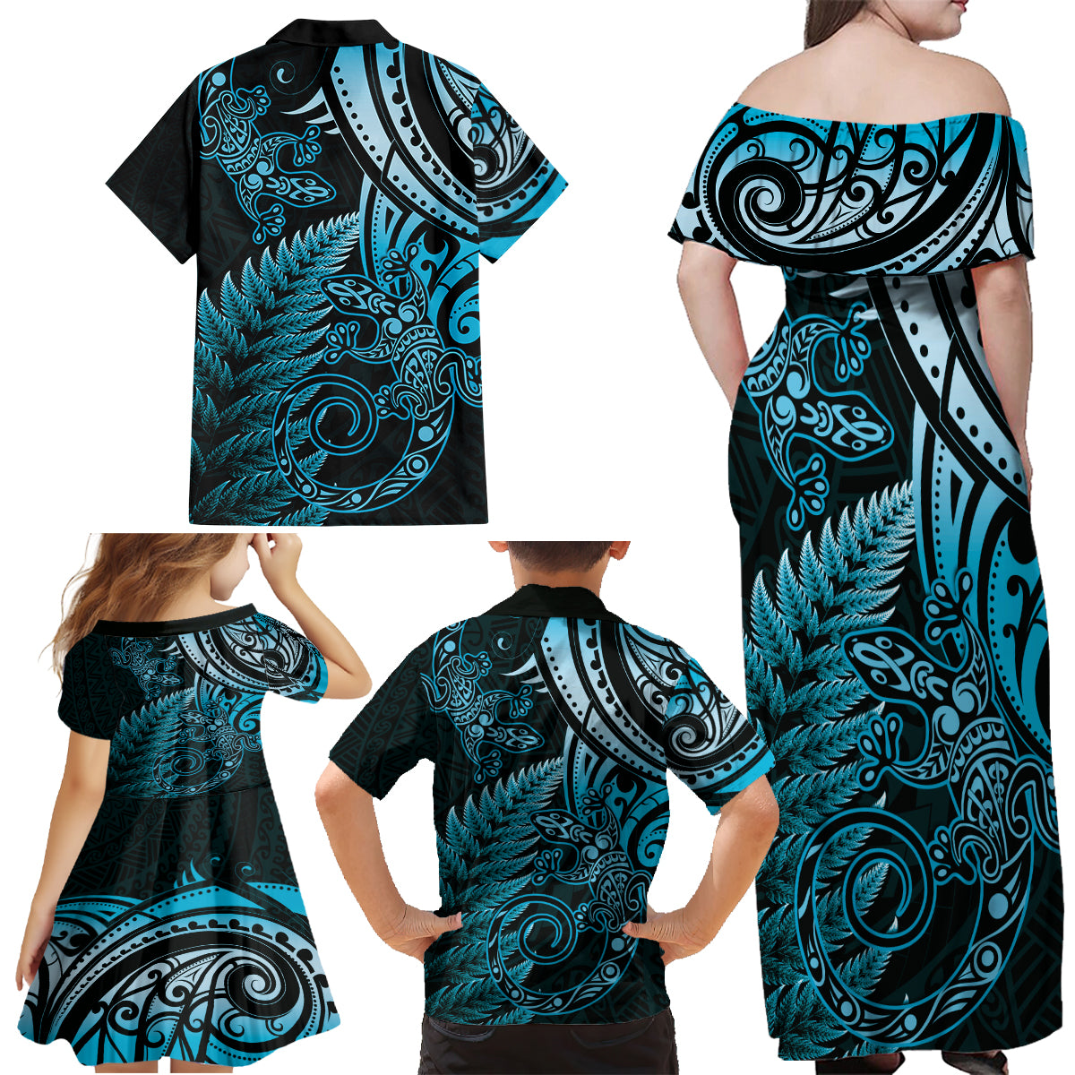 New Zealand Lizard Family Matching Off Shoulder Maxi Dress and Hawaiian Shirt Silver Fern Aotearoa Maori Blue Version