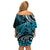 New Zealand Lizard Family Matching Off Shoulder Short Dress and Hawaiian Shirt Silver Fern Aotearoa Maori Blue Version