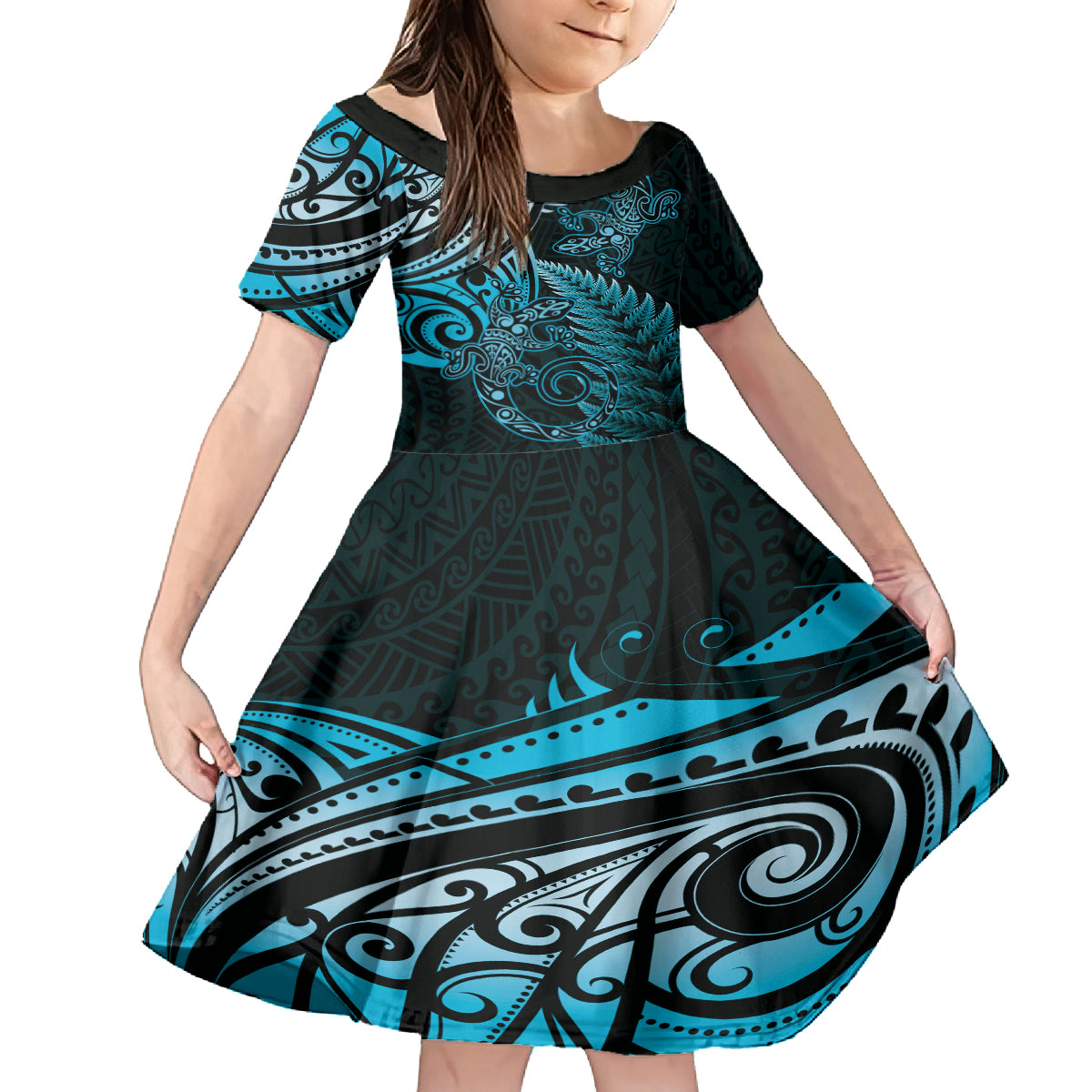 New Zealand Lizard Kid Short Sleeve Dress Silver Fern Aotearoa Maori Blue Version