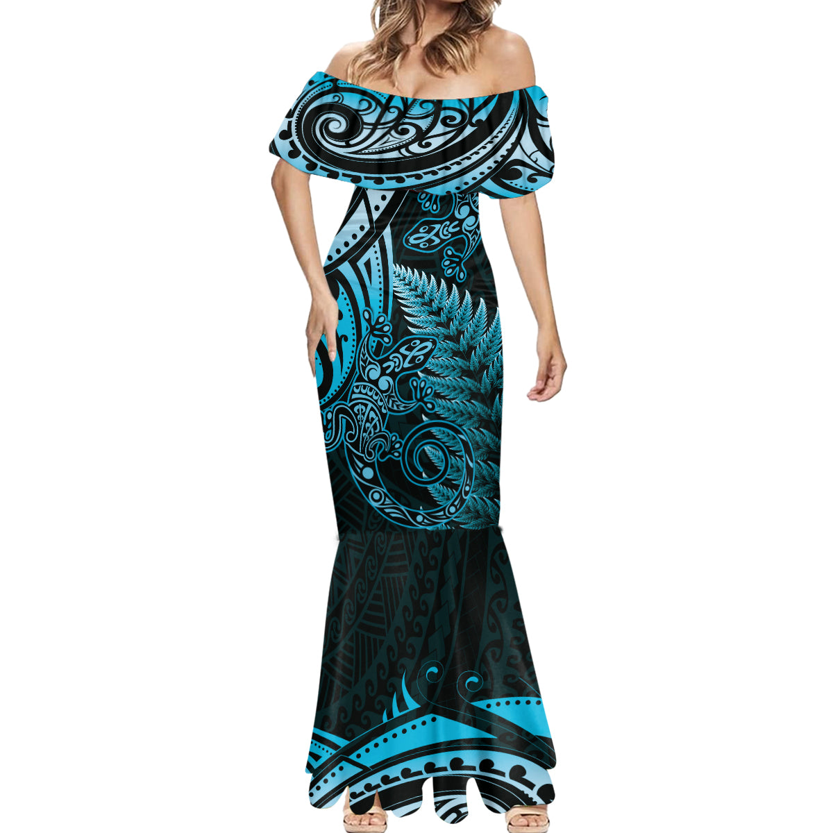 New Zealand Lizard Mermaid Dress Silver Fern Aotearoa Maori Blue Version