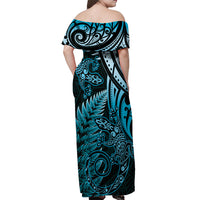 New Zealand Lizard Off Shoulder Maxi Dress Silver Fern Aotearoa Maori Blue Version