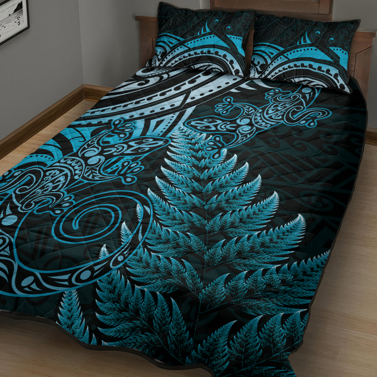 New Zealand Lizard Quilt Bed Set Silver Fern Aotearoa Maori Blue Version