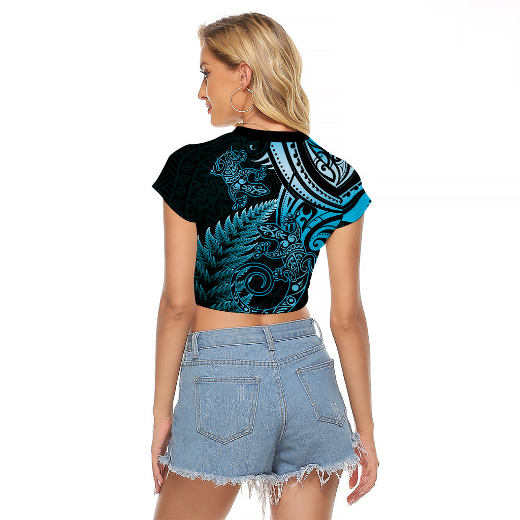 New Zealand Lizard Raglan Cropped T Shirt Silver Fern Aotearoa Maori Blue Version