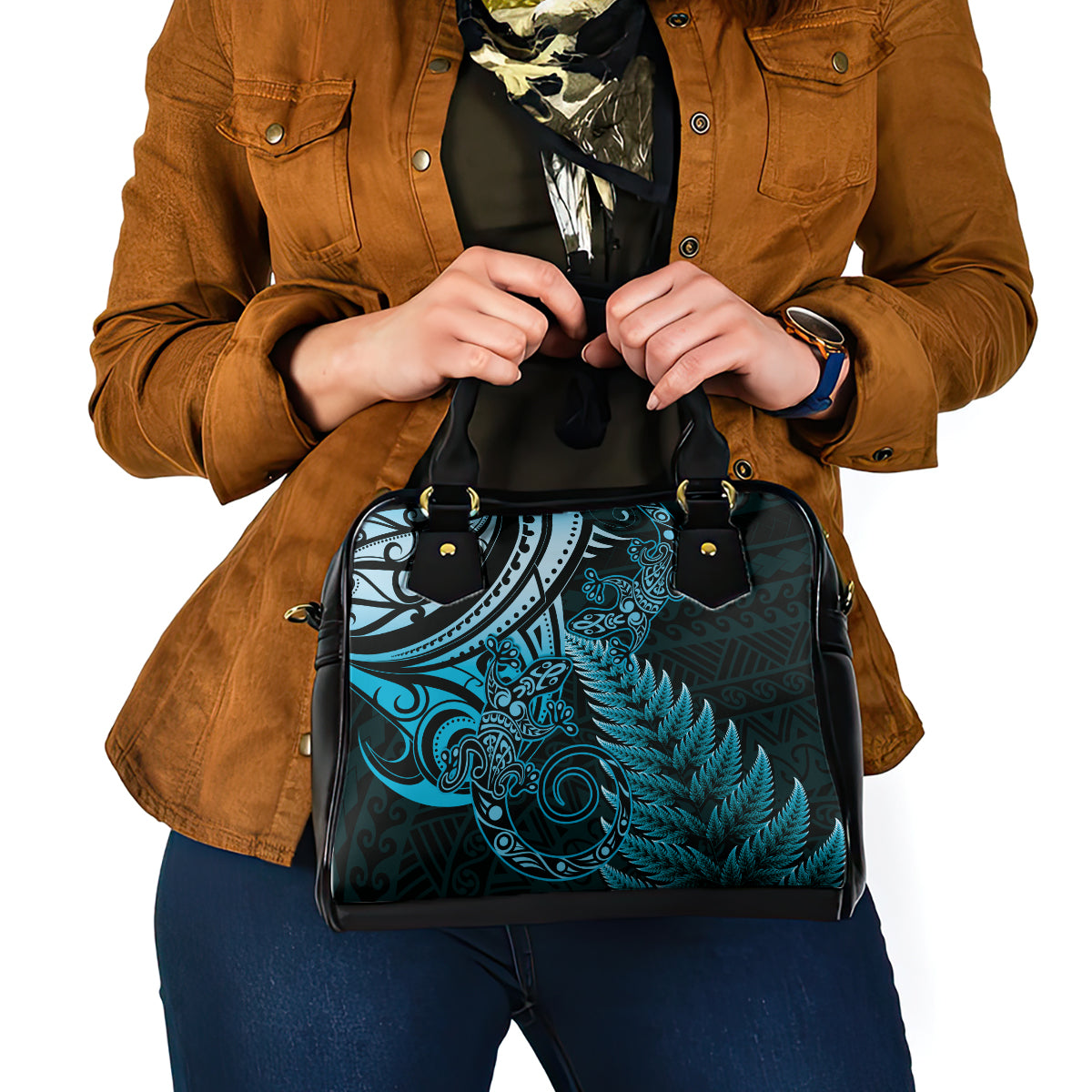 New Zealand Lizard Shoulder Handbag Silver Fern Aotearoa Maori Blue Version LT14 - Polynesian Pride