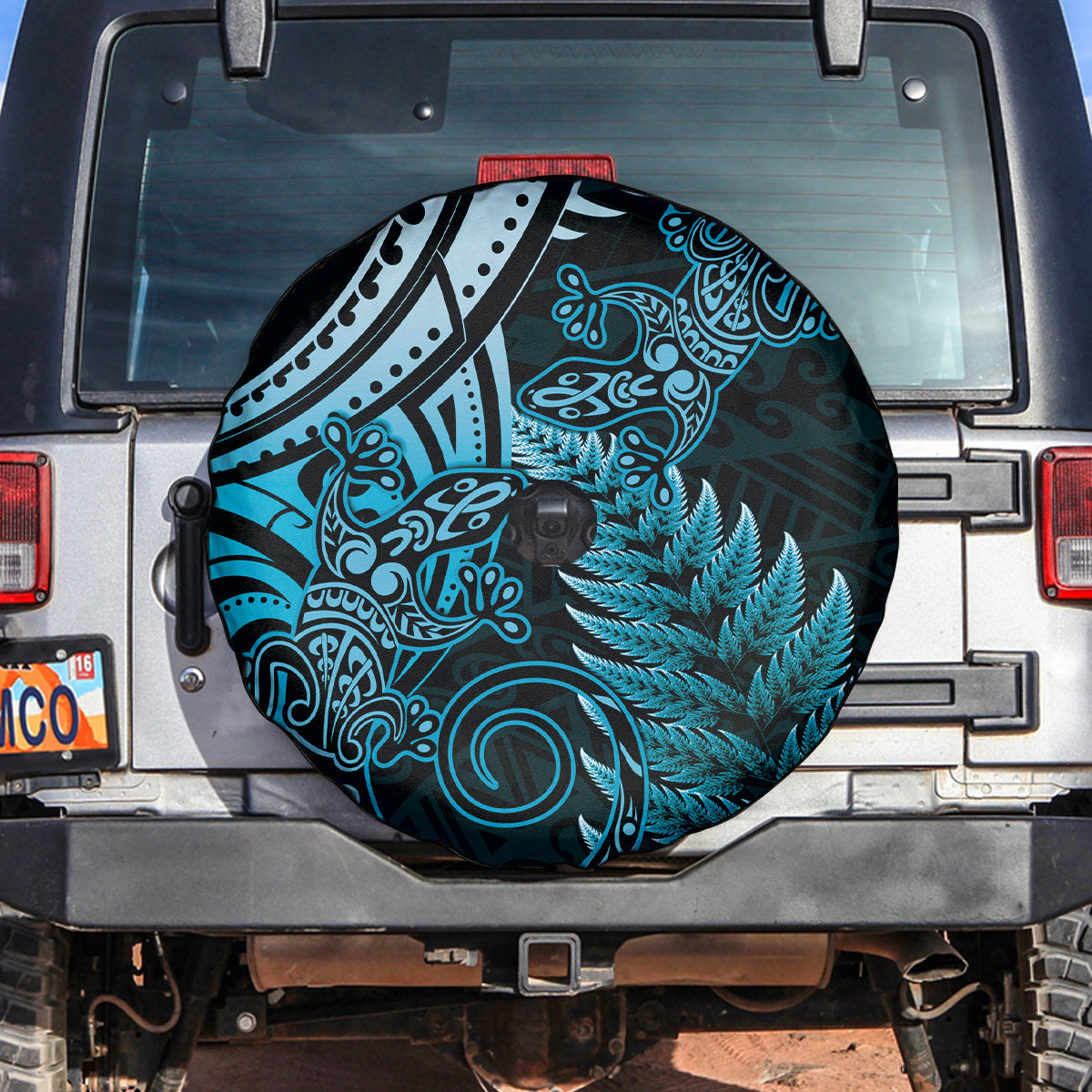 New Zealand Lizard Spare Tire Cover Silver Fern Aotearoa Maori Blue Version