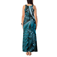 New Zealand Lizard Tank Maxi Dress Silver Fern Aotearoa Maori Blue Version