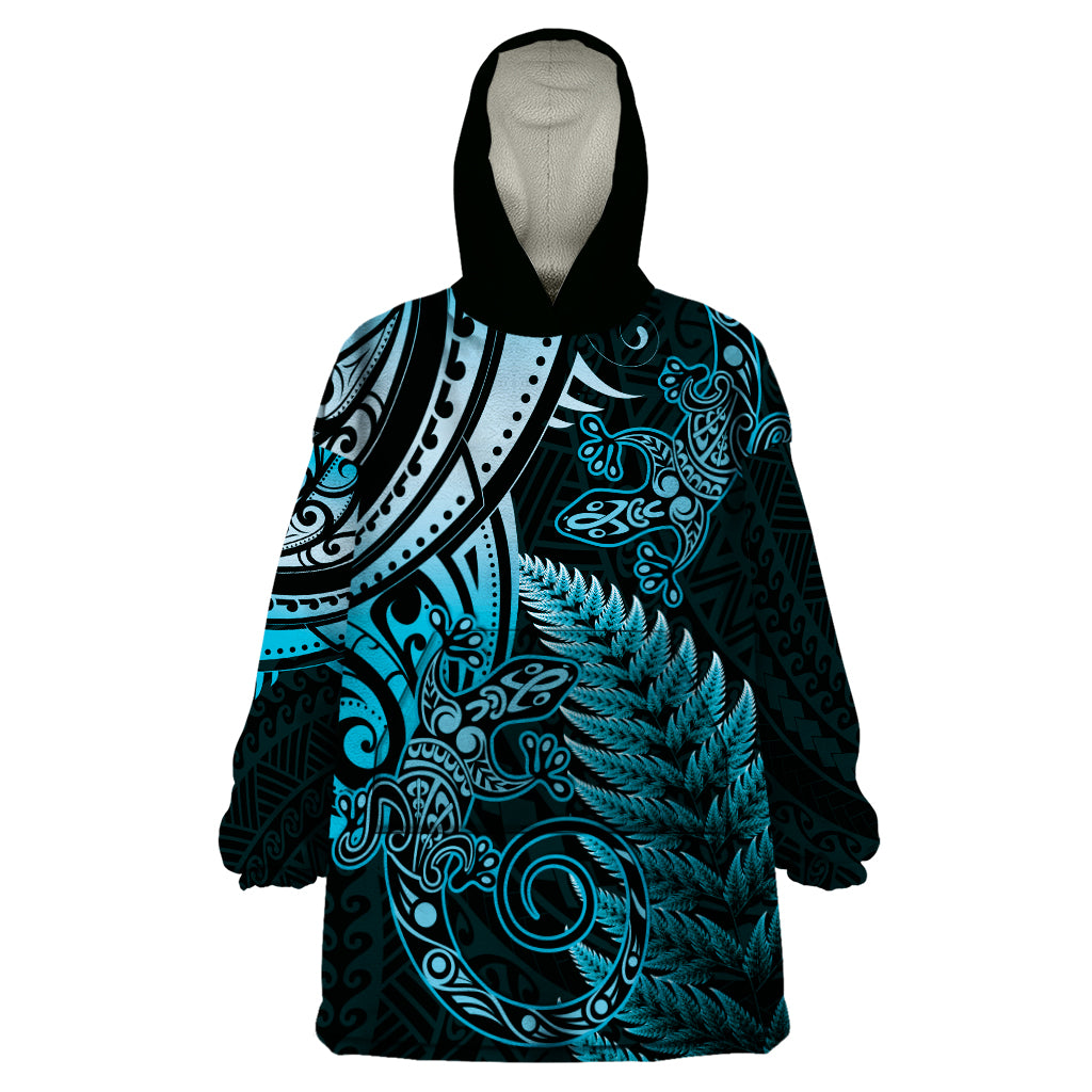 New Zealand Lizard Wearable Blanket Hoodie Silver Fern Aotearoa Maori Blue Version