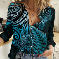 New Zealand Lizard Women Casual Shirt Silver Fern Aotearoa Maori Blue Version