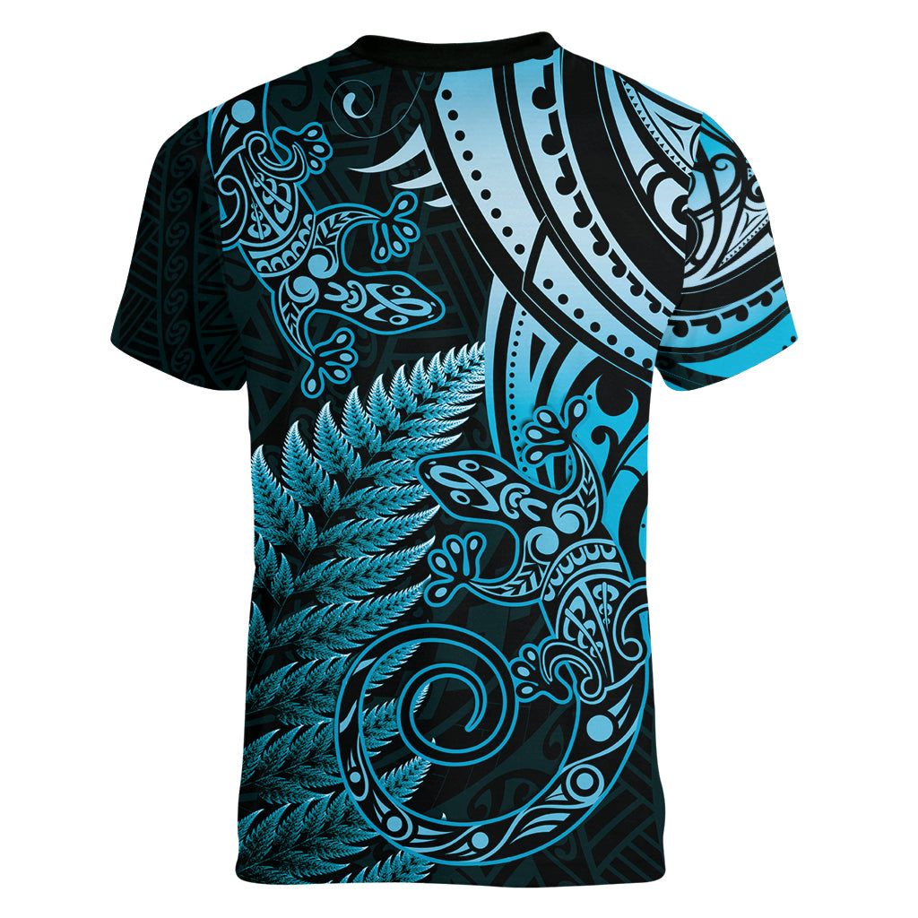 New Zealand Lizard Women V Neck T Shirt Silver Fern Aotearoa Maori Blue Version
