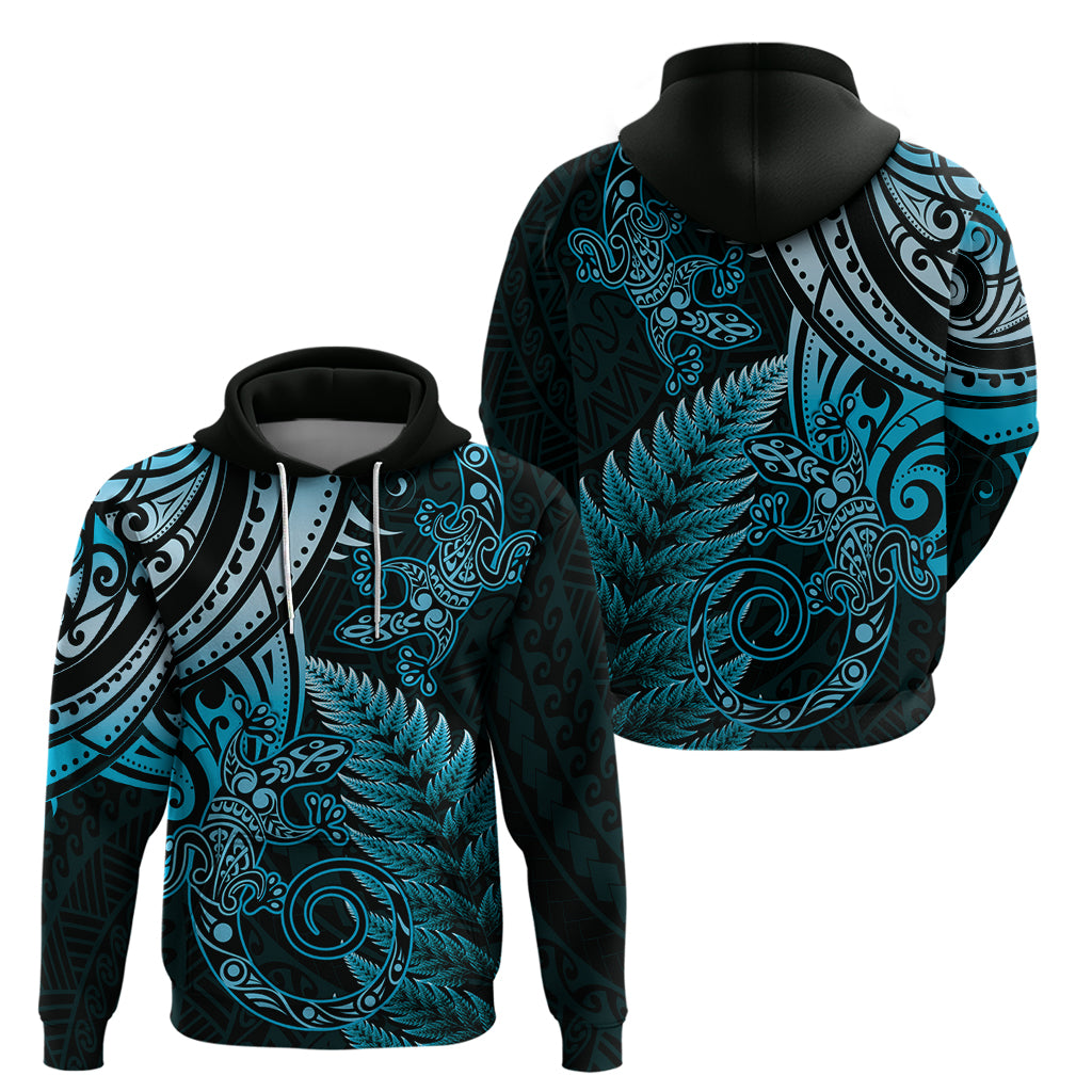 New Zealand Lizard Zip Hoodie Silver Fern Aotearoa Maori Blue Version
