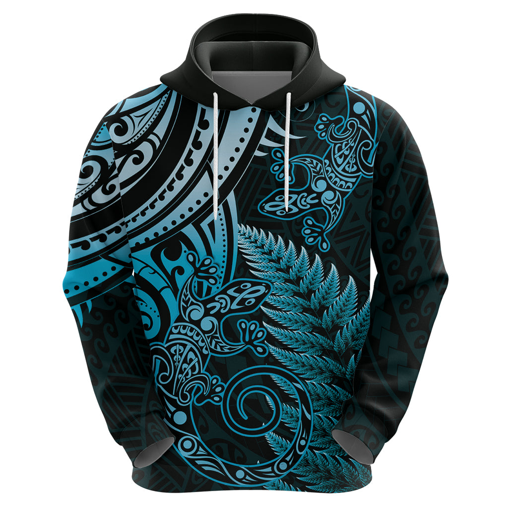New Zealand Lizard Zip Hoodie Silver Fern Aotearoa Maori Blue Version