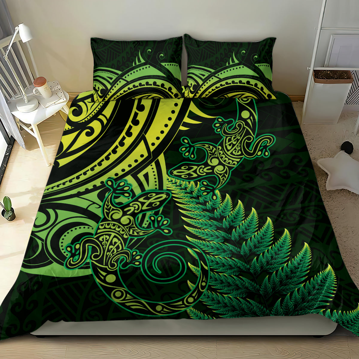 New Zealand Lizard Bedding Set Silver Fern Aotearoa Maori Green Version