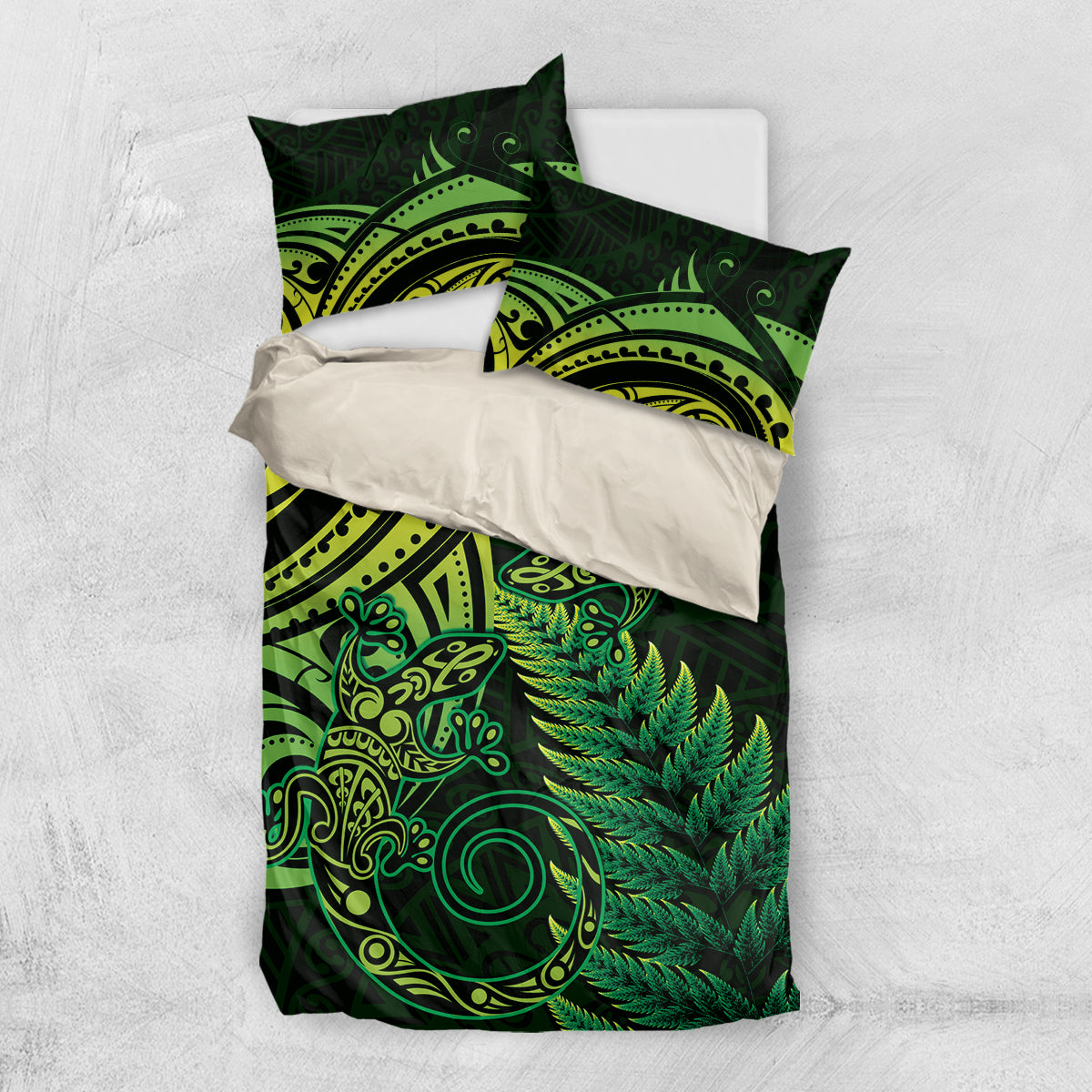 New Zealand Lizard Bedding Set Silver Fern Aotearoa Maori Green Version