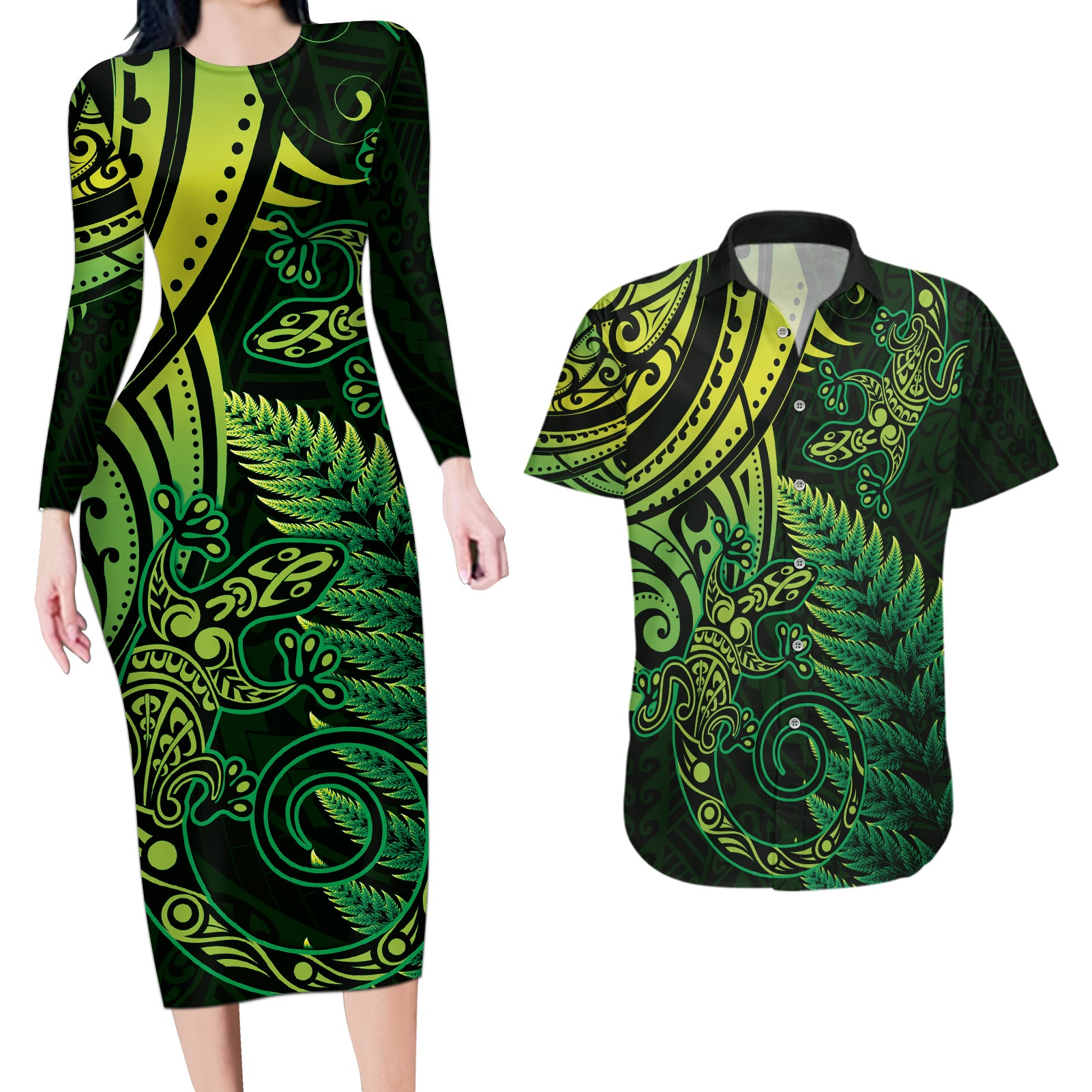 New Zealand Lizard Couples Matching Long Sleeve Bodycon Dress and Hawaiian Shirt Silver Fern Aotearoa Maori Green Version