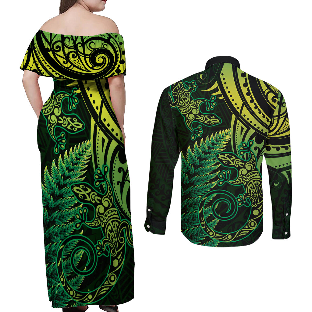 New Zealand Lizard Couples Matching Off Shoulder Maxi Dress and Long Sleeve Button Shirt Silver Fern Aotearoa Maori Green Version