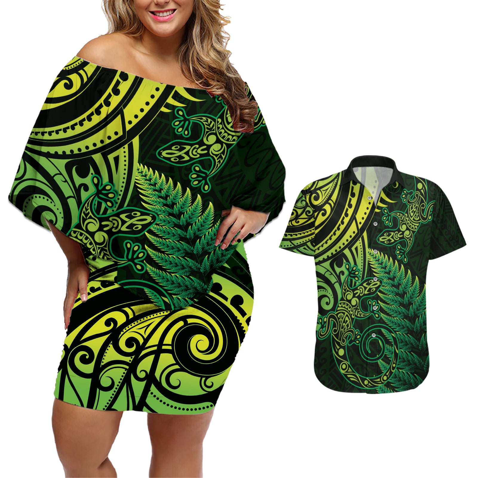 New Zealand Lizard Couples Matching Off Shoulder Short Dress and Hawaiian Shirt Silver Fern Aotearoa Maori Green Version