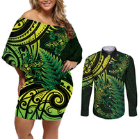 New Zealand Lizard Couples Matching Off Shoulder Short Dress and Long Sleeve Button Shirt Silver Fern Aotearoa Maori Green Version