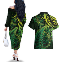 New Zealand Lizard Couples Matching Off The Shoulder Long Sleeve Dress and Hawaiian Shirt Silver Fern Aotearoa Maori Green Version